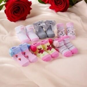 6pc Pink and Gray Baby Socks Set Soft Plush Accessories